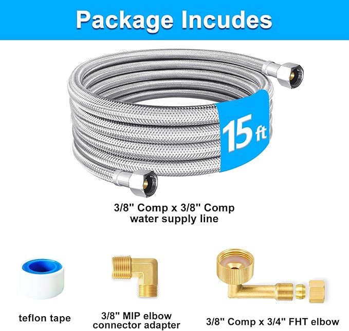 Dishwasher Installation Kit - 15 FT Premium Stainless Steel Braided Dishwasher Hose kit,Food Grade PEX Inner Tube Dishwasher Water Supply Line with 3/8"x3/8"MIP Elbow,3/8"x 3/4" FHT Elbow
