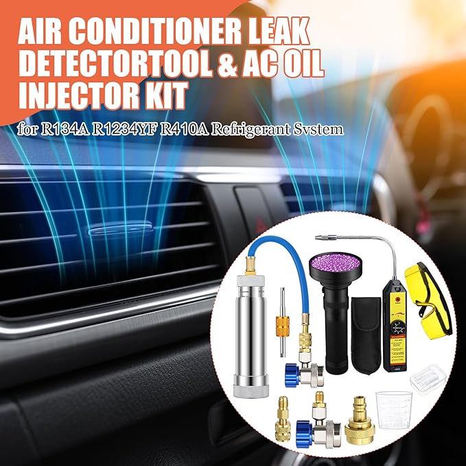 AC Leak Detector Kit, R1234yf R134a R410a AC Oil UV Dye Injector Kit Refrigerant Leak Detector Tool Low Side Quick Coupler Mini Split Adapter Glasses Flashlight(Simple)