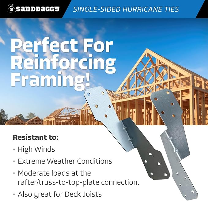 Sandbaggy Single-Sided Hurricane Ties - Hot Dipped Galvanized, 18 Gauge - Structural Wood Framing Connectors for Rafters, Trusses, Deck Joists (Single-Sided, 100, Count)