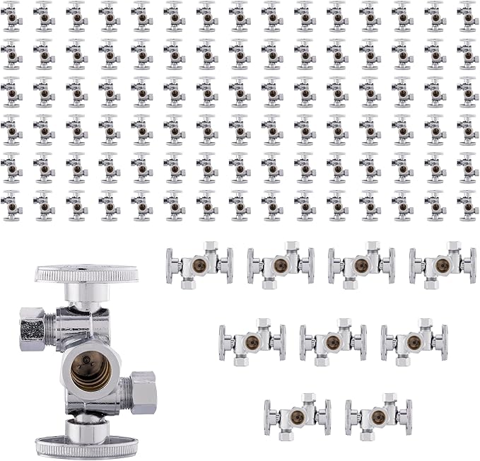 100-Pack Foskan Dual Compression 1/4 Turn Angle Stop Valve with 2 Shut Off Valve/Handles,1/2" NOM (5/8" OD) x 3/8" OD x 3/8" OD,Chrome Plated Brass