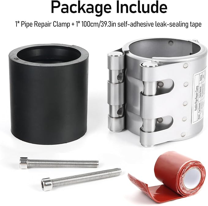Kodilin Upgraded Pipe Repair Clamp with M1 Self-Adhesive Leak-Sealing Tape | 304 Stainless Steel Rust-Proof Emergency Pipe Repair Kit for Plastic & Metal Pipes, 2" (56-59mm)