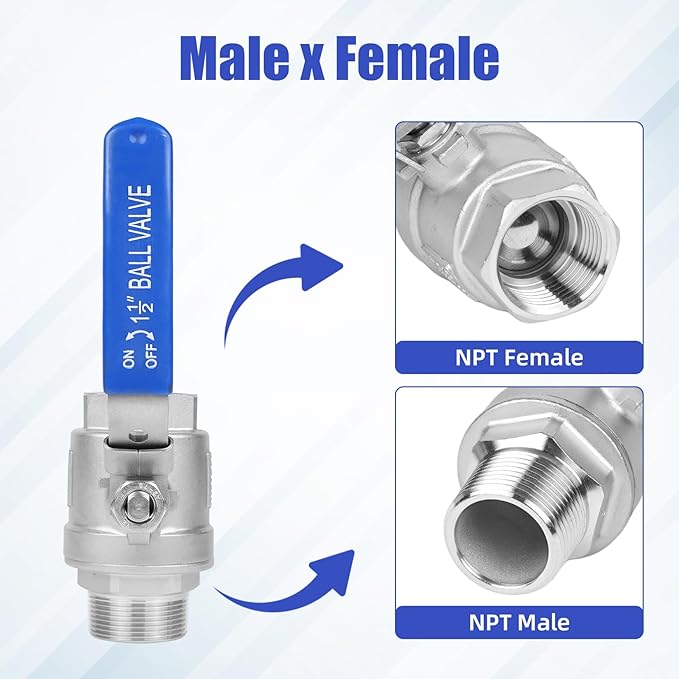 YADIAN 2 Pack 1-1/2'' Ball Valve Full Port NPT Male x Female, 304 Stainless Steel Heavy Duty Shut Off Valve with Blue Vinyl Insulation Handle and Locking Device for Water, Oil, and Gas, 1000WOG