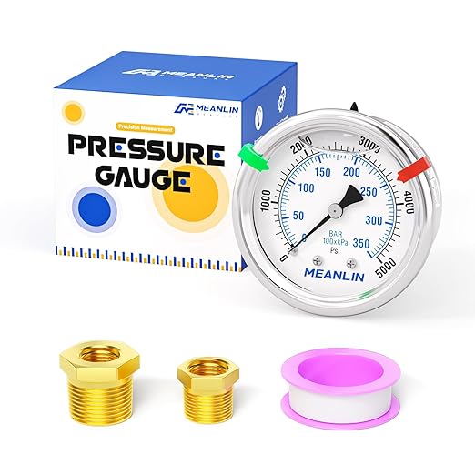 MEANLIN MEASURE 0~5000Psi Liquid Filled Pressure Gauge Stainless Steel 1/4" NPT 2" FACE DIAL for WOG Water Oil Air Center Back Mount, with Hex Bushing and 2PCS Snaps