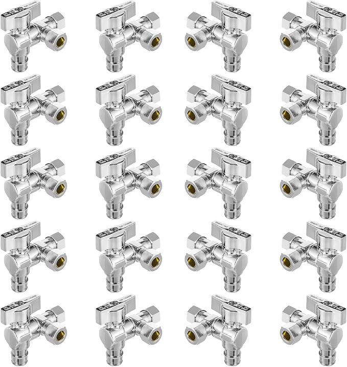 20-PCs HeSun PEX Expansion Inlet Angle Stop Valve, Quarter-Turn 1/2" PEX-A x 3/8" OD x 3/8" OD Compression, Dual Compression Outlet Shut Off Valve, Chrome Plated Brass, ASTM F1960(VALVE203-20)