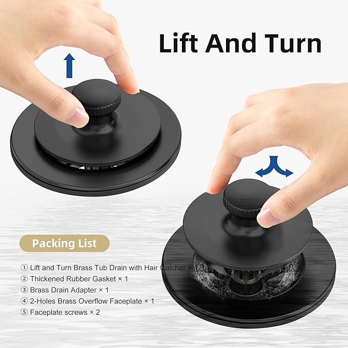 Matte Black Bathtub Drain, Hair Catcher and 2-Hole Overflow Faceplate, 11.5/16 UNC, Lift and Turn Bathtub Drain Replacement, Tub Drain Stopper