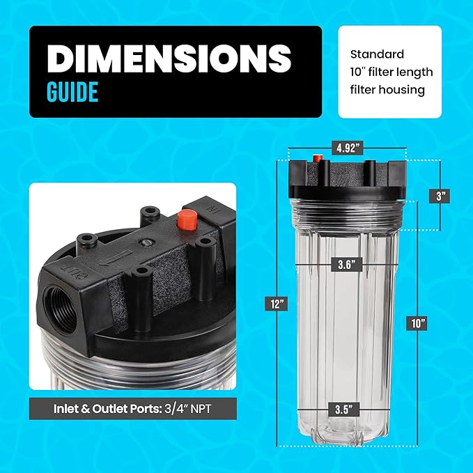 Cold Plunge Water Filter System, 10" Housing with 3/4" NPT Ports, 2× 50 Micron Pleated Filters, Mounting Kit & Wrench, Inline Sediment Filtration for Ice Baths, Whole House, Pool or Spa Use