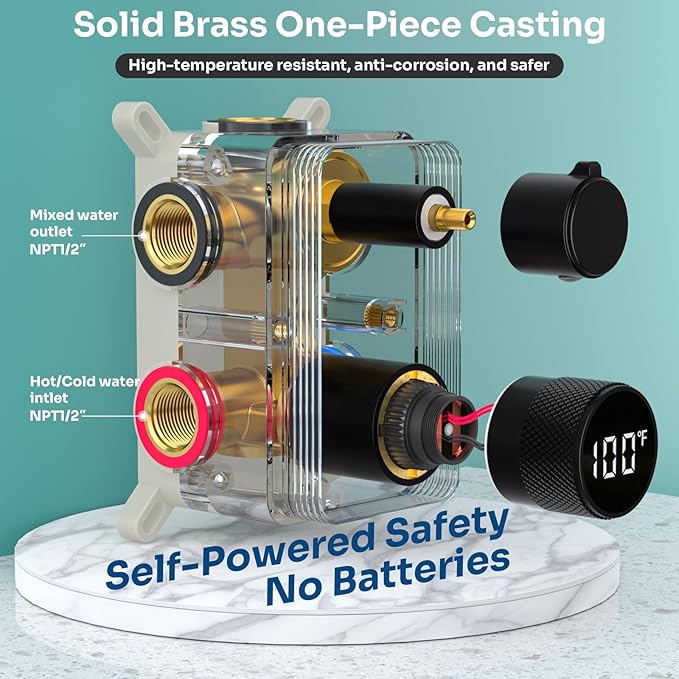 Temperature Display Shower Valve 3 Way Brass Rough-in Mixer and Round Trim Kit, Triple Function Digital Shower Diverter, Black