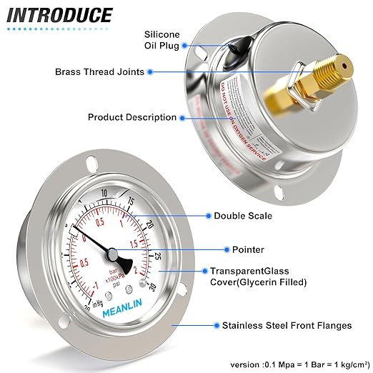 MEANLIN MEASURE -30inHG~30Psi Liquid Filled Pressure Gauge Front Flange Panel Mount, 1/4" NPT 2.5" FACE DIAL Stainless Steel Case with Phillips Screw, Nut and Brass Hex Bushing, +/-3-2-3%