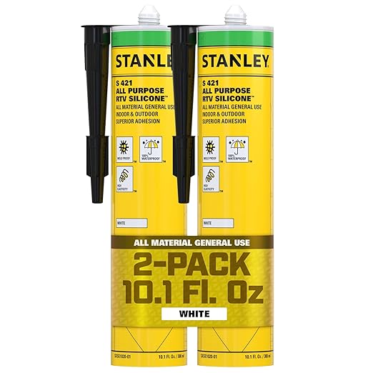 Stanley S421 All-Purpose RTV Silicone Sealant (2 x 10.1 fl.oz.) – 100% Waterproof Gray Caulk | Industrial-Grade Silicone for Kitchen, Bathroom, Shower, Window, Door, Indoor & Outdoor Use | 2 Pack