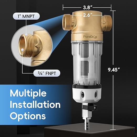 PDR-100WSP Spin Down Sediment Filter, Reusable Whole House Sediment Water Filter for Well Water, 100-Micron Flushable Prefilter Filtration System with Scraper, 1" MNPT + 3/4" FNPT