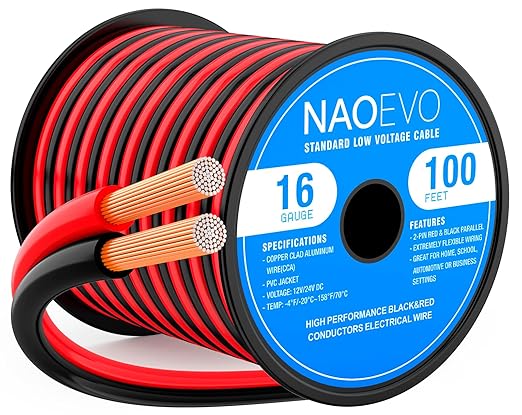NAOEVO 16 Gauge Wire 100FT, 2 Conductors Electrical Wire Red Black Cable, Flexible/Low Voltage/PVC 16 AWG Copper Clad Aluminum Extension Cord for Speaker, LED Strips, Automotive 12V/24V DC
