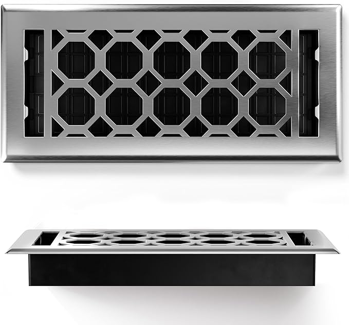 Floor Register 4x10 Vent Cover – 8 Pack – Heavy-Duty Steel, Rustproof & Walkable Grates, Easy Drop-in Install, Adjustable Air Supply Switch - Decorative Honeycomb Design, Brushed Nickel