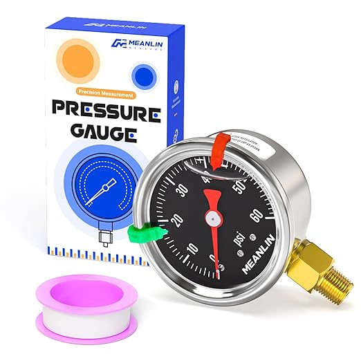 MEANLIN MEASURE 0~60Psi Black Stainless Steel Pressure Gauge, Glycerin Filled 1/8" NPT 1.5" FACE DIAL, Liquid Filled Pressure Gauge WOG Water Oil Air Lower Mount (with 2PCS Snaps)