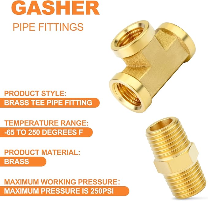 GASHER 2PCS Brass Tee Pipe Fittings, 1/2" NPT Female x 1/2" NPT Female x 1/2" NPT Male Pipe Fittings, Male Run Tee