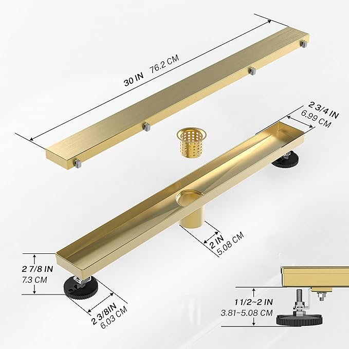 Linear Shower Drain.30 Inch Shower Trench Drain with 2-in-1 Flat Cover & Inser Cover,304 Stainless Rectangle Steel Shower Floor Drain with Hair Strainer and Leveling Feet (Gold, 30 in)