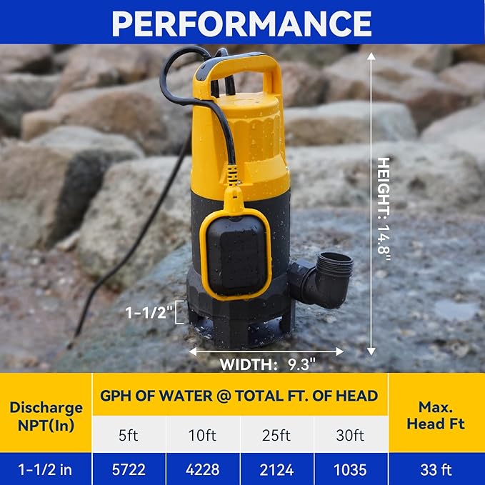 Acquaer 1.2HP Sump Pump 5722GPH Submersible Pump with Automatic Float Switch, Clean/Dirty Water Removal for Basement, Hot Tub, Pools, Garden Pond