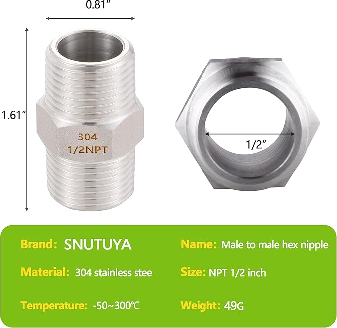 2PCS Hex Nipple 1/2" x 1/2" Male Pipe Fittings, 304 Stainless Steel 1/2 inch NPT Threaded Pipe Adapter Fittings, Male Straight Connector Pipe Fitting