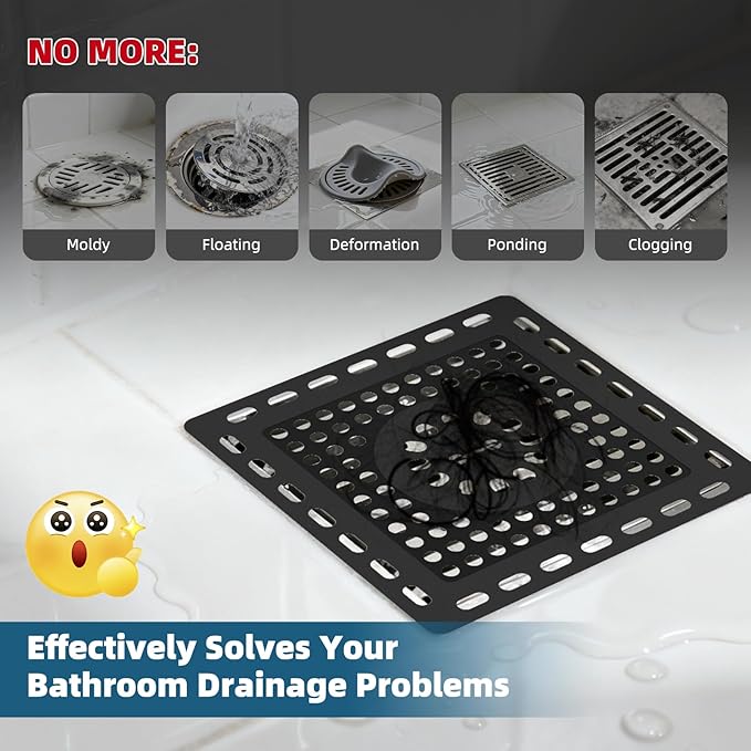 Hibbent Upgraded Shower Drain Hair Catcher, Shower Drain Cover for Bathroom Floor 4" Drain, Anti-Clogging Bathtub Drain Strainer, Stainless Steel Kitchen Sink Drain Strainer with Handle, Matte Black