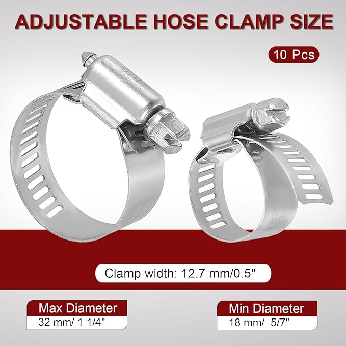 MECCANIXITY Stainless Steel Hose Clamp, Worm Gear Clamp Adjustable 5/7"-1 1/4"(18-32mm) Fuel Line Hose Clamps Duct Clamp for Pipe Plumbing Automotive Mechanical (Pack of 10)