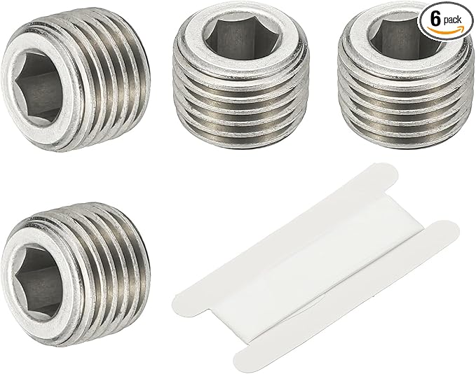 PATIKIL 1/4" NPT Male Internal Hex Pipe Fitting, 6 Pcs 304 Stainless Steel Pipe Plug Fitting Assortment Kit Countersunk Thread Head Socket Pipe Plug Fitting Adapter with Tape, Silver