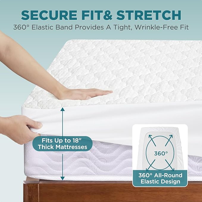 5-Sided Waterproof Mattress Protector, Twin XL Size Quilted Bamboo Rayon Mattress Cover, Breathable Cooling Noiseless Bed Fitted Sheets, Soft Bedding Pad with Deep Pocket Up to 18"