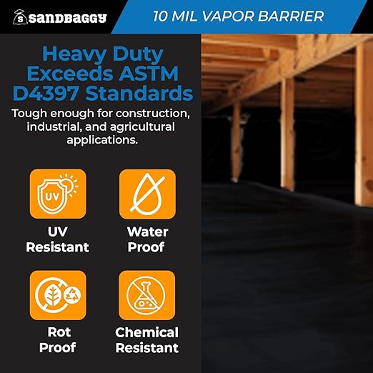 Sandbaggy 20 ft x 100 ft Vapor Barrier 10 Mil | Polyethylene | Black Plastic Sheeting Rolls | Moisture Barrier for Crawl Spaces, Concrete and Laminate Underlayment, Walls (4 Rolls)