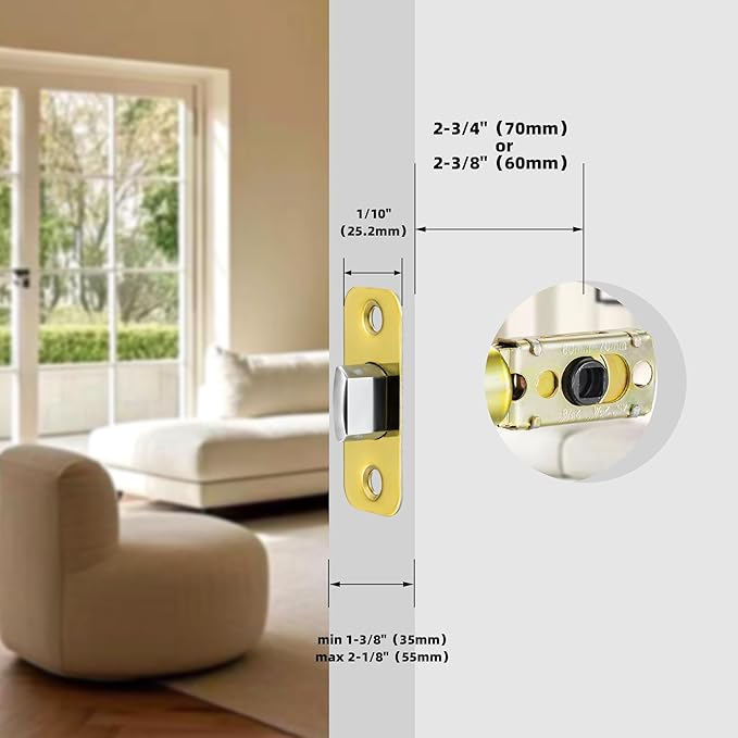 Polished Gold Adjustable Door Latch 60 or 70mm, 45° Turning Angle, Door Lock Replacement Parts with Door Strike Plate, Wood Dowel, Dust-Boxes