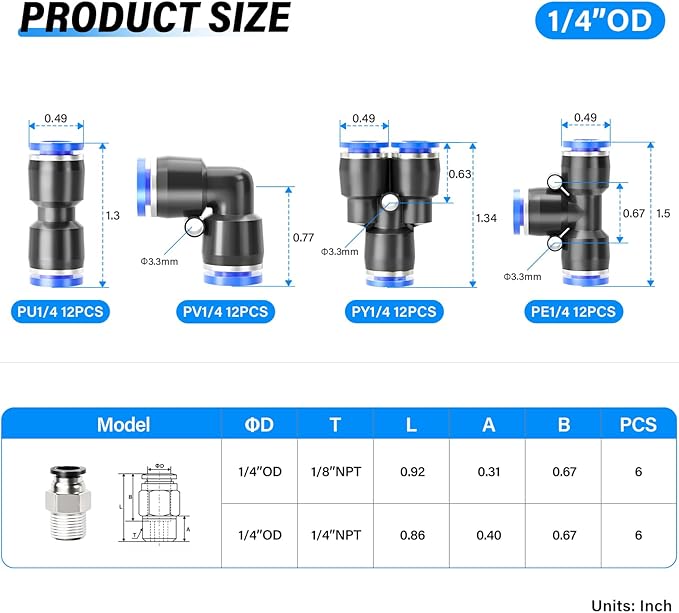 TAILONZ PNEUMATIC 1/4 Inch od Push to Connect Fittings Pneumatic Fittings Kit 12 Spliters+12 Elbows+12 tee+12 Straight +12 Male Straight NPT Thread (60 PCS)