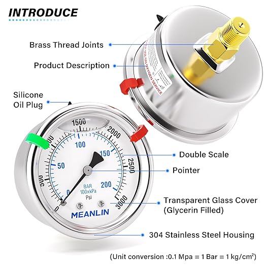 MEANLIN MEASURE 0~3000Psi Liquid Filled Pressure Gauge Stainless Steel 1/4" NPT 2" FACE DIAL for WOG Water Oil Air Center Back Mount, with Hex Bushing and 2PCS Snaps