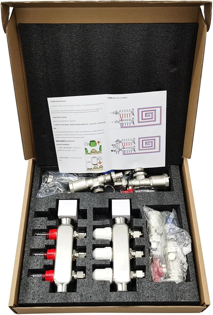 3 Branch PEX Radiant Floor Heating Manifold Set, Floor Heating Water Distributor 1/2" Pipe Adapter 304 Stainless Steel and Brass, for Heating Systems