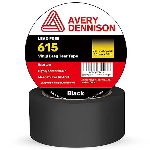 Avery Dennison Duct Tape, Heavy Duty PVC Easy Tear Tape, Strong Adhesive Waterproof Duct Tape for Indoor Outdoor Repairs, 2 in x 36 Yard, Black, 2 Rolls