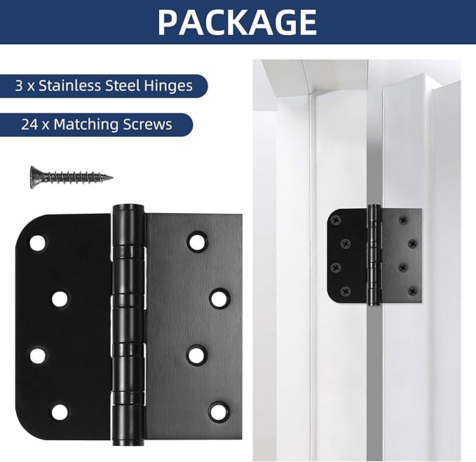 3 Pack Ball Bearing Door Hinges, 4 Inch x 4 Inch Heavy Duty Stainless Steel Door Hinges with Square & 5/8'' Round Radius Corner for Exterior & Interior Doors, Black