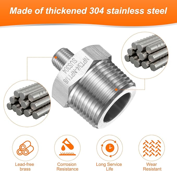 HARFINGTON 2pcs 304 Stainless Steel Hex Nipple 1/8" NPT Male x 3/4" NPT Male Straight Thread Pipe Fitting Extension Pipe Fittings Connector Adapter for Water Oil Gas Tub