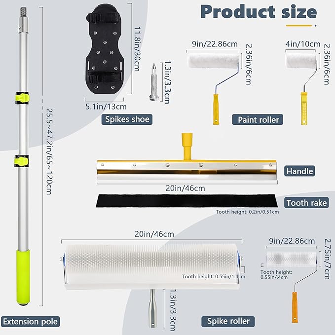 Self-Leveling Cement Tool Kit, Stainless Steel Scraper Self-Leveling Rake, Spike Roller, Floor Construction Roller, Spiked Shoes, Telescopic Pole for Beginners, Professionals