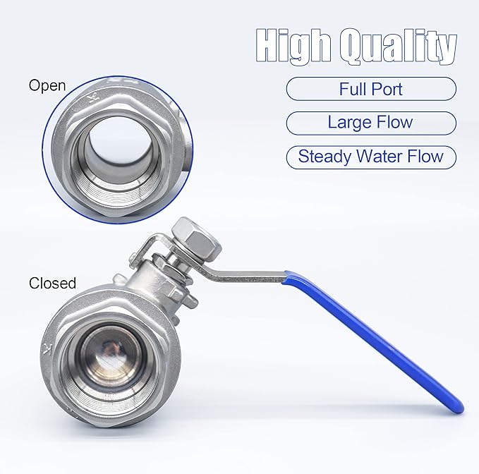 3/4 Inch Ball Valve, Premium 304 Stainless Steel Full Port Forged NPT Ball Valve for Water Oil and Gas with Long Handle Shut Off Switch, 1000 WOG (2, FNPT x FNPT 3/4")