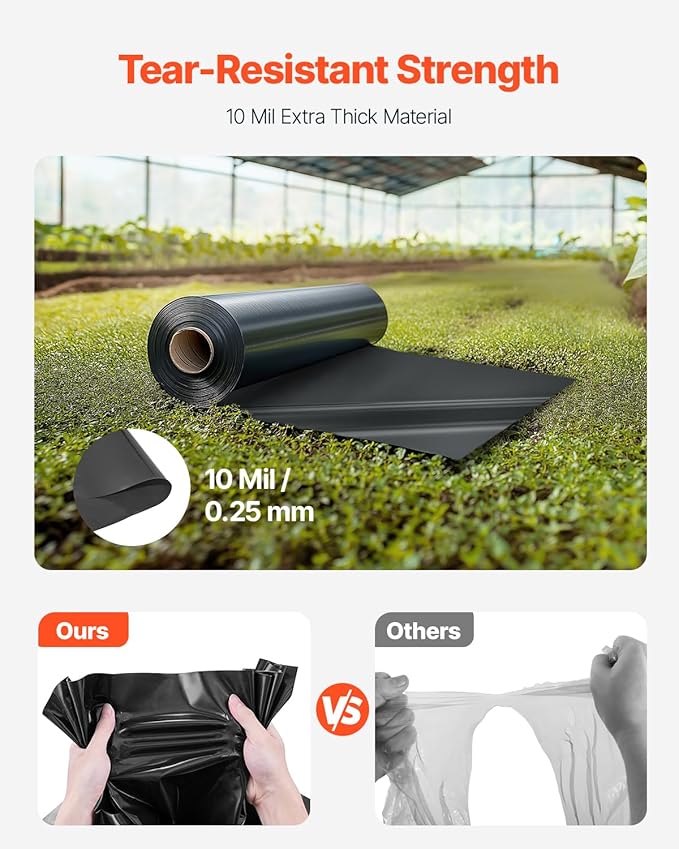 VEVOR 10 Mil Plastic Sheeting Heavy Duty 20' x 100', Thick Plastic Sheeting Roll, Plastic Drop Cloth Painters Tarp, Polyethylene Covering for Crawl Space Vapor Barrier, Multi-Purpose, Black