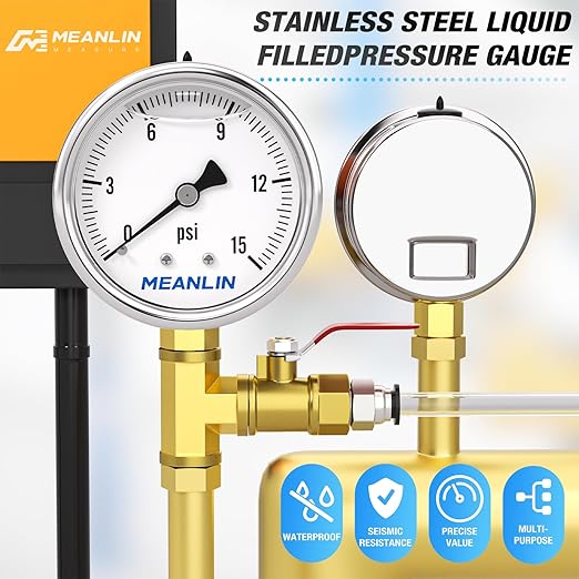 MEANLIN MEASURE 0~15Psi Stainless Steel 1/4" NPT 2.5" Single Scale FACE DIAL,Glycerin Filled Pressure Gauge, WOG Water Oil Air Lower Mount, with 1/4" x 1/2" NPT and 1/4" x 3/8" NPT Hex Bushing