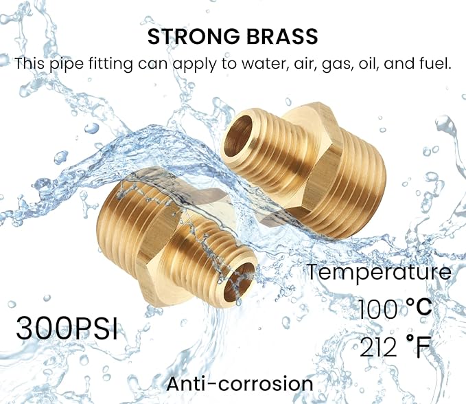 Brass Reducing Hex Nipple, 1/4 Inch NPT Male Pipe x 1/2 Inch NPT Male Pipe, Thread 0.5" OD to 0.75" OD, (4 Piece)