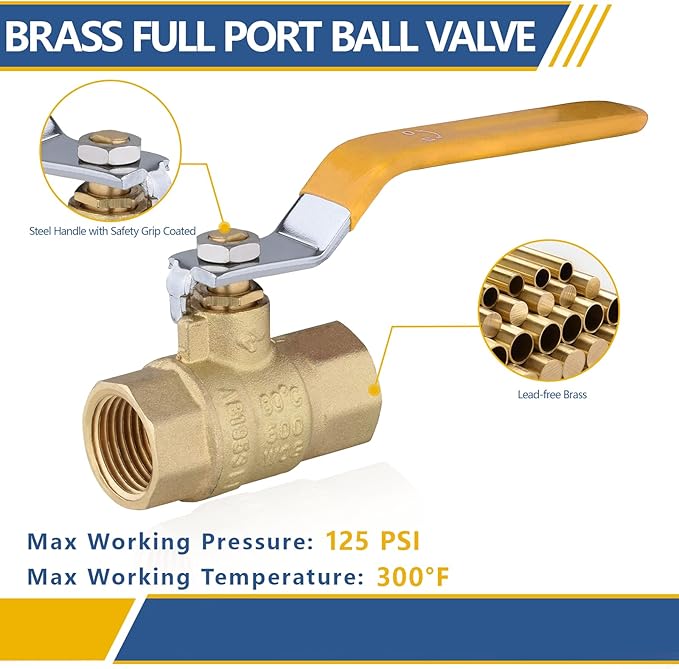 3/4" Heavy Duty Full Port Brass Ball Valve,600 WOG FNPT FIP Threaded Valve for Compressed Air, Water, Plumbing or Oil(2 Pack,Yellow Handle)(VALVE228-2Pack)