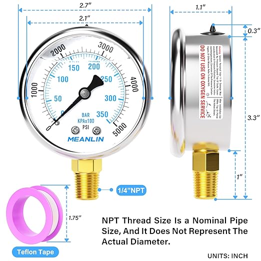 MEANLIN MEASURE 0~5000Psi Liquid Filled Pressure Gauge 1/4" NPT 2.5" FACE DIAL Stainless Steel Glycerin Filled WOG Water Oil Air Lower Mount (with 2PCS Snaps)