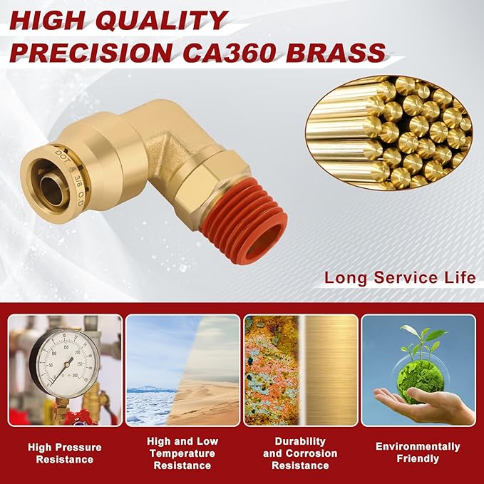 3/8" Quick Push to Connect Fittings Brass 90 Degree Union Swivel Elbow Joint DOT Approved 3/8" Tube OD x 1/4" NPT Thread Air Brake Line Adapter Air Suspension Kit for Car Truck Trailers 2pcs