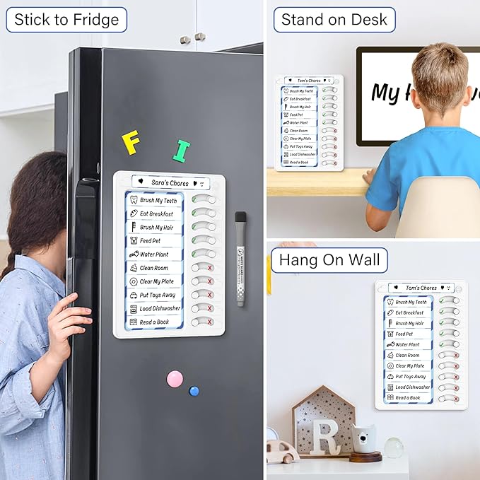 Chore Chart for Kids Dry Erase Chore Board ADHD Tools for Kids to Do List Checklist Task Board Routine Chart Planning Board for Fridge with 10 Sliders and Magnetic Marker, White and Blue, 2 Pack