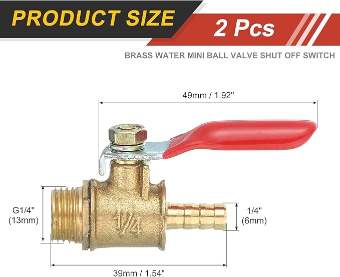 uxcell 2Pcs Brass Water Mini Ball Valve Shut Off Switch, G1/4" Male x 1/4" Hose Barb, 180 Degree Operation Handle, Brass Valve