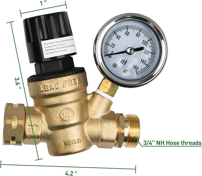 U.S. Solid 3/4" GHT RV Water Pressure Regulator, Handwheel Adjustable Lead-Free Brass Regulator Valve with Gauge & Filter for RV, Camper & Garden Hose