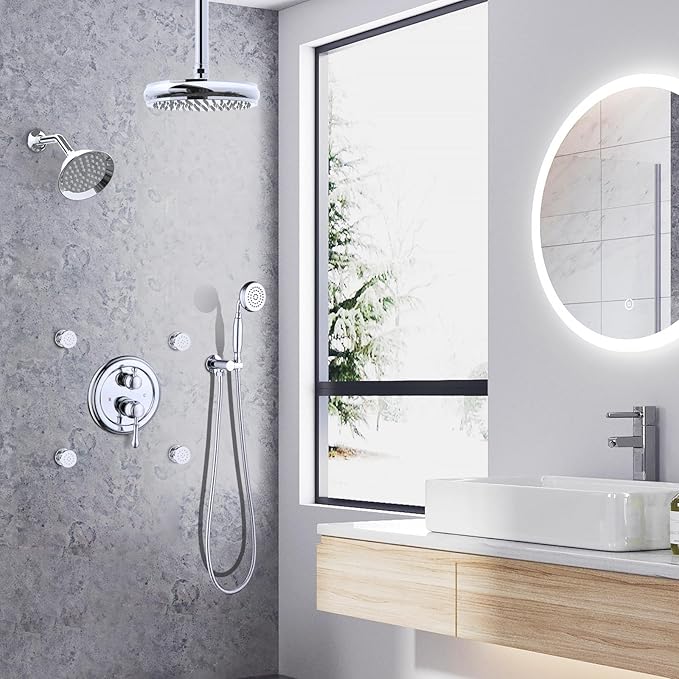 Enga Antique Shower Faucet Sets Dual Heads with 4 Body Jets, 8" + 6" Ceiling & Wall Mount Vintage Shower Head with Handheld Spray Combo, 4 Way Diverter Brass Valve, Chrome