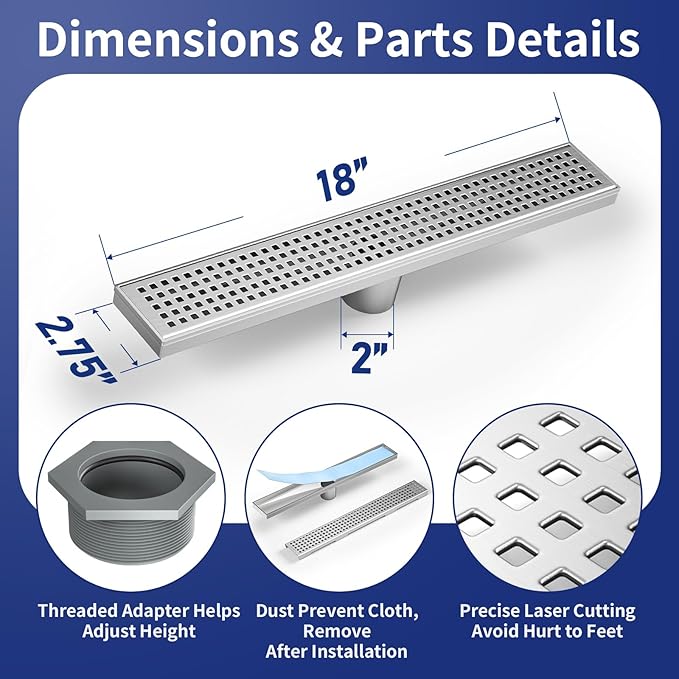 Linear Shower Drain 18", 304 Stainless Steel Floor Drain with Grid Drain Cover & Hair Strainer, Rectangular Shower Drain w/CUPC Certified, Brushed