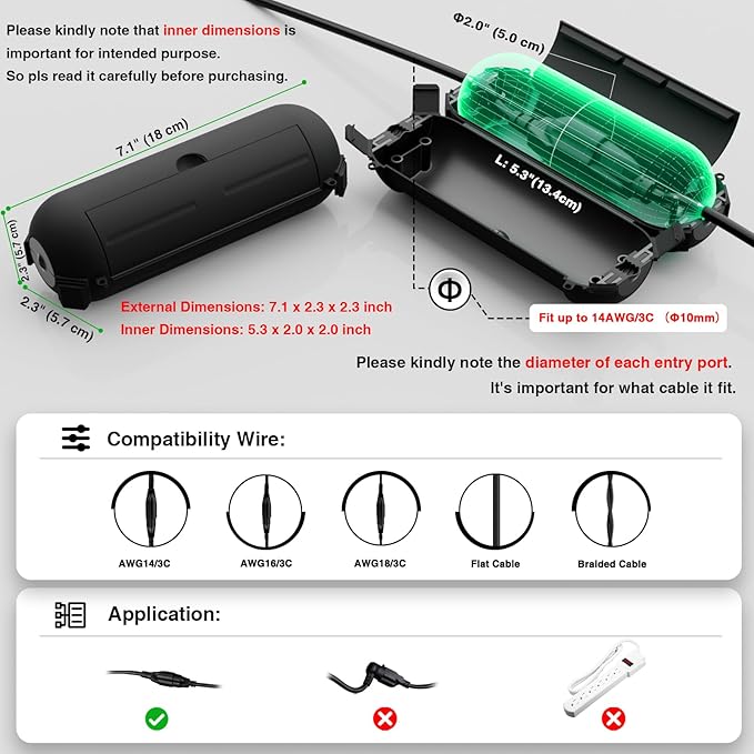 Flemoon 4-Piece Outdoor Waterproof Electrical Box Set – 12.5" x 8.5" x 5" Large Electrical Box & 3 pcs 7.1" x 2.3" x 2.3" Extension Cord Covers for Power Strips, Outlets, Holiday Lights, Black