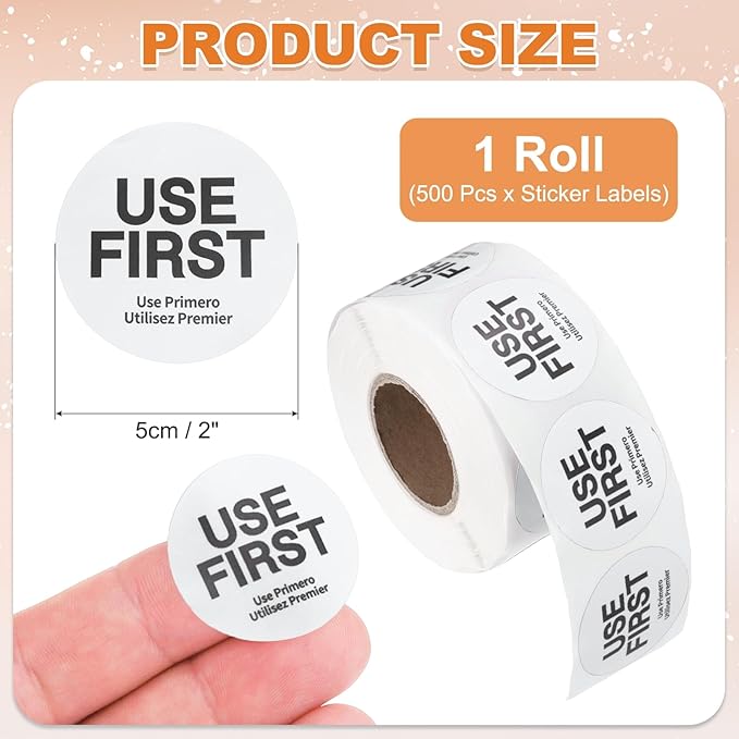 PATIKIL 500 Pcs USE First Stickers, 2 inch Round Use First Stickers Food Service Circle Inventory Control Adhesive Labels for Food Service Kitchen Restaurants Retail Storage Date, White