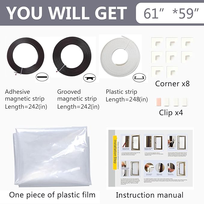 DIY Magnetic Window Insulation kit Transparent Film with White Frame Max 61"X59" Fits Any Size Smaller Coverings to Keep Cold Out Storm Warm in Winter