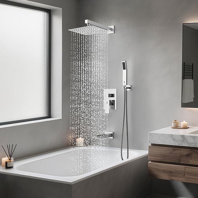 SR SUN RISE 10 Inches All Metal Bathtub Faucet Set Shower System with Tub Spout Square Rain Shower Head and Handheld Combo Shower Fixtures, Modern Valve and Trim Kit, Polished Chrome